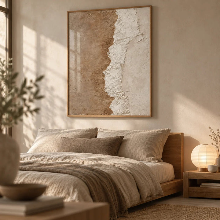 Textured Art Print, framed on the wall of a calm neutral bedroom