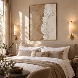 Textured Art Print, framed on the wall of a neutral boutique hotel bedroom