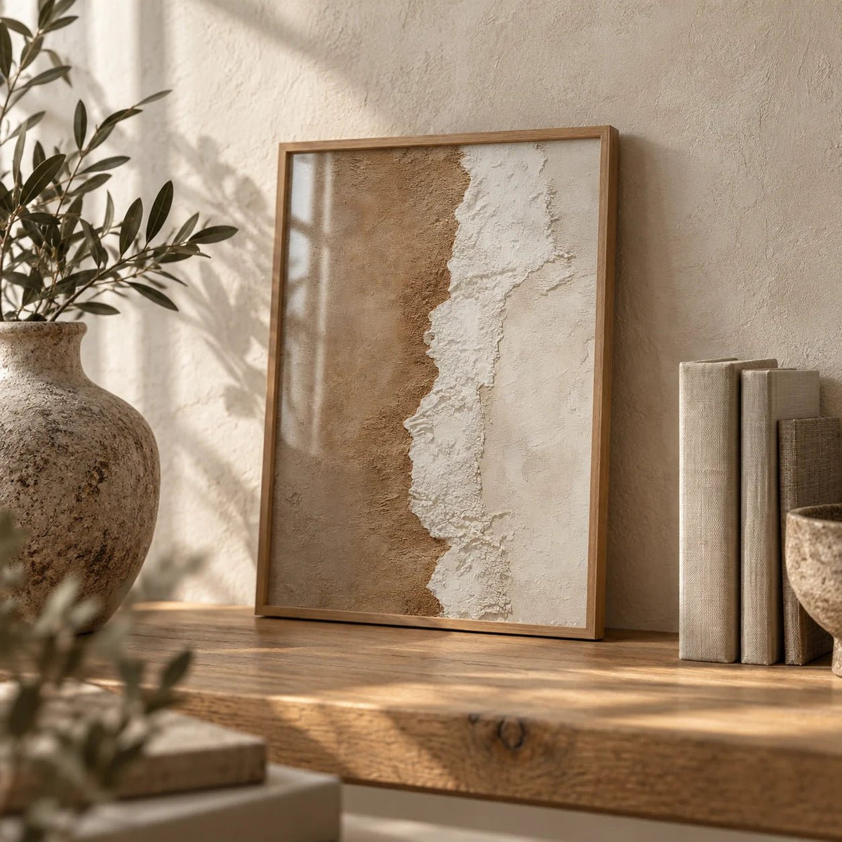 Textured Art Print, a small A4 framed print leaning on an oak shelf in a living room
