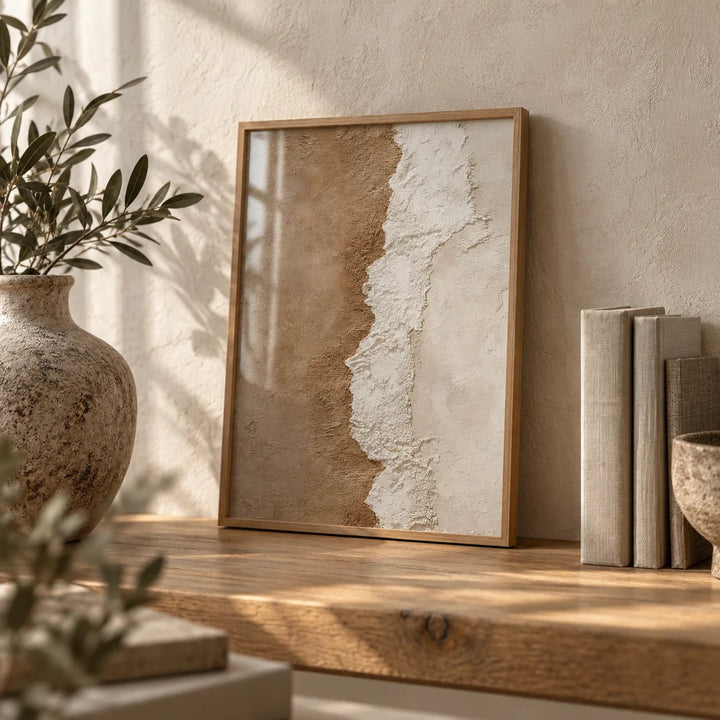 Textured Art Print, a small A4 framed print leaning on an oak shelf in a living room
