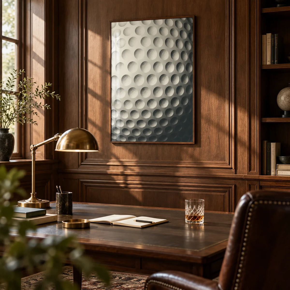 Textured Golf Ball Art Print, framed on the wall of a classic study with walnut panelling