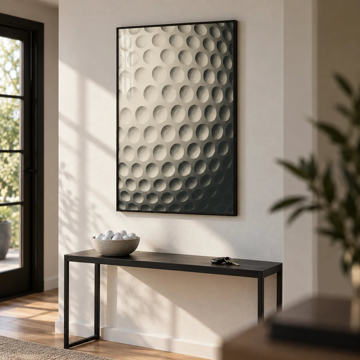 Textured Golf Ball Art Print, framed on the wall of a modern hallway with a white wall