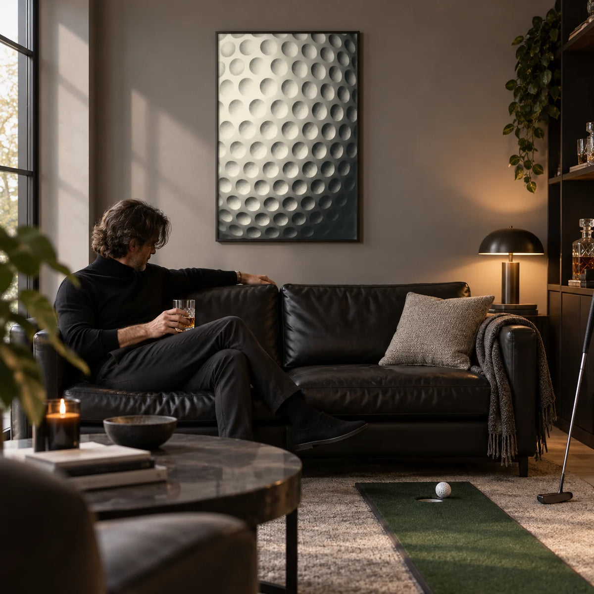 Textured Golf Ball Art Print, framed on the wall of a modern man cave with a warm grey wall in a living room