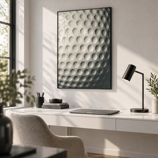 Textured Golf Ball Art Print, framed on the wall of a monochrome home office