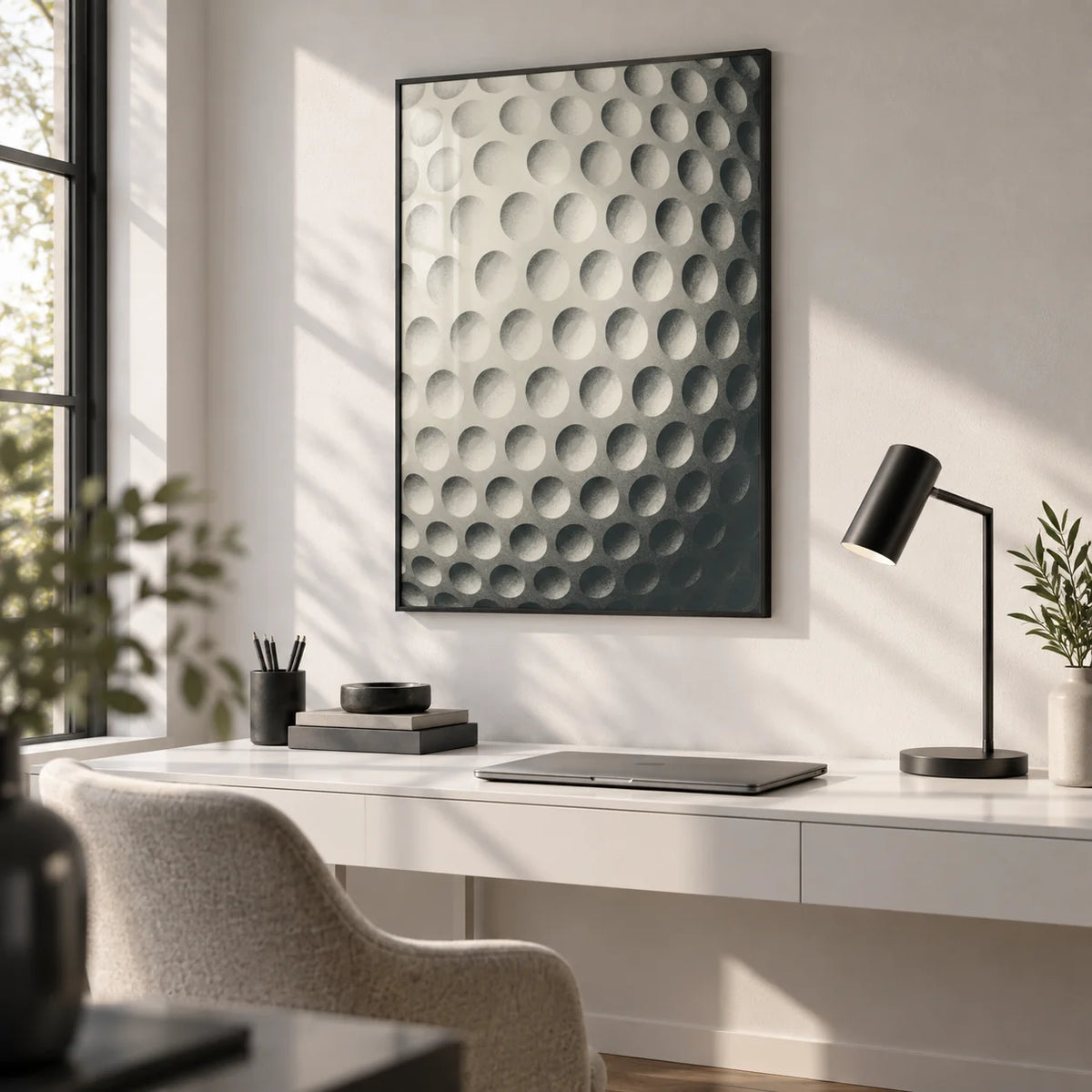 Textured Golf Ball Art Print, framed on the wall of a monochrome home office