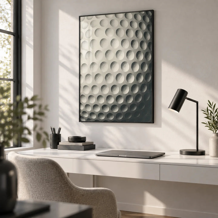 Textured Golf Ball Art Print, framed on the wall of a monochrome home office