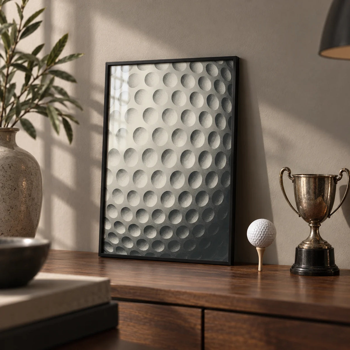 Textured Golf Ball Art Print, a small A4 framed print leaning on a walnut shelf in a living room