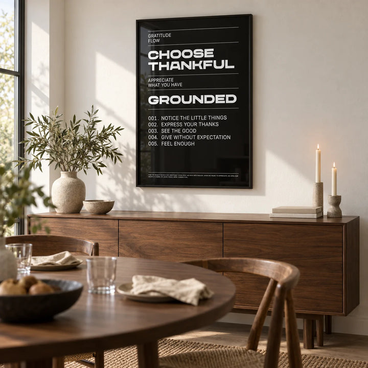 Thankful Posters, framed on the wall of a calm dining room with a white wall