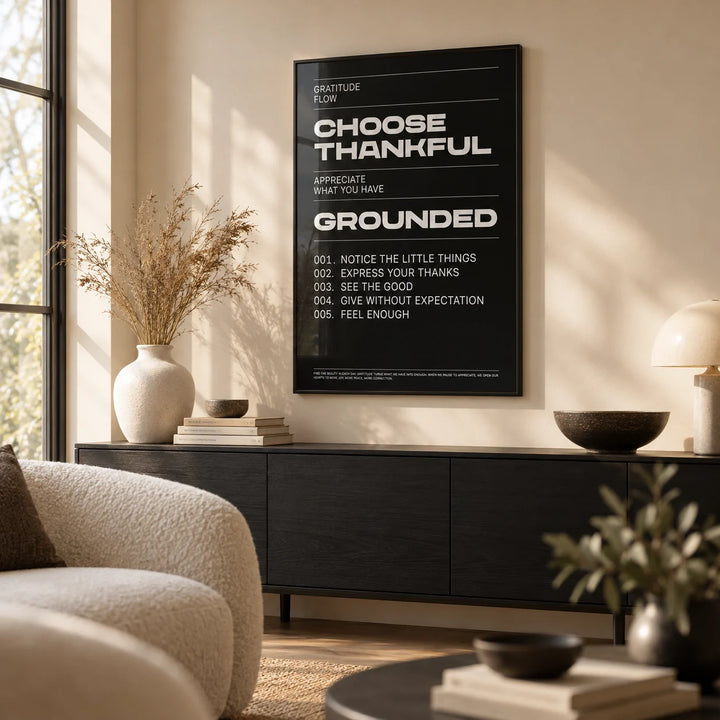 Thankful Posters, framed on the wall of a calm modern living room with a warm beige wall
