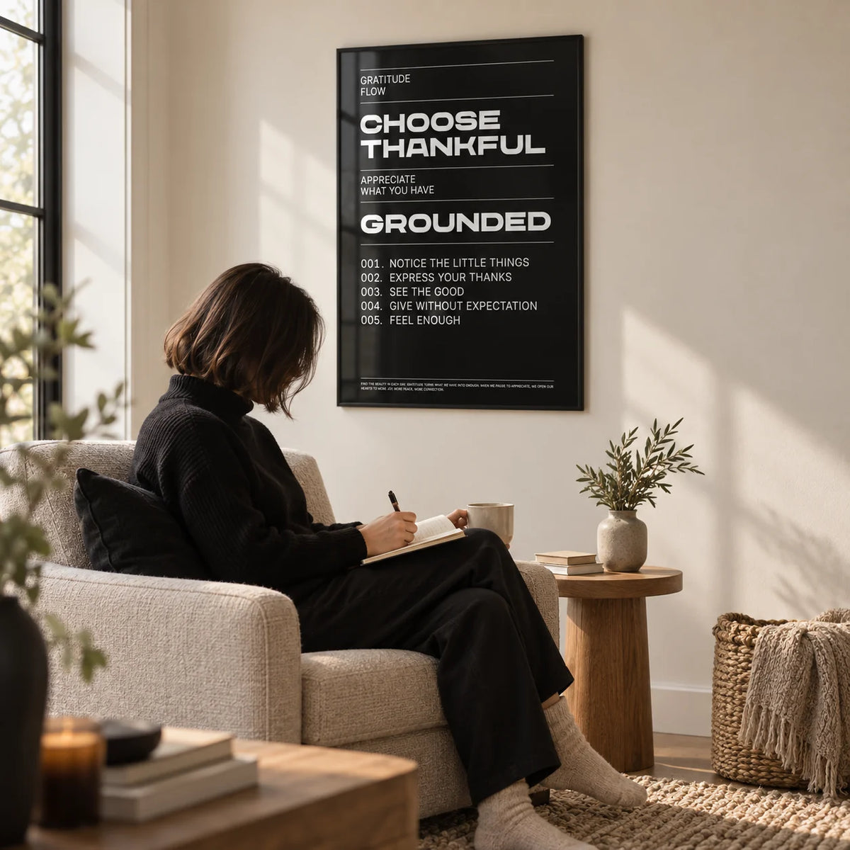 Thankful Posters, framed on the wall of a quiet reading corner with a warm white wall in a living room