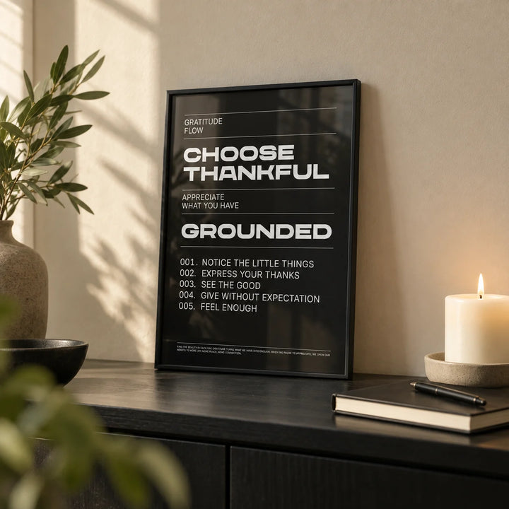 Thankful Posters, a small A4 framed print leaning on a black shelf in a living room
