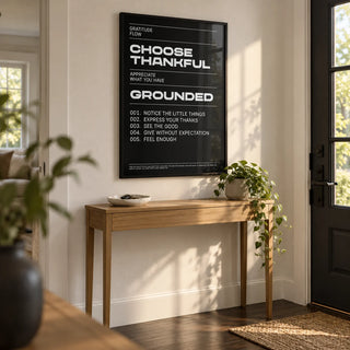 Thankful Posters, framed on the wall of a welcoming entrance hall by the front door with a white wall and a dark wood floor