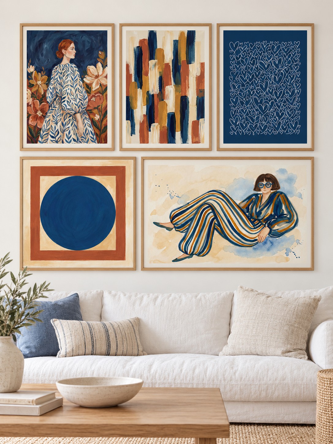 Modern Gallery Wall Set hung at eye level above a white linen sofa: Elegant Floral Portrait, Colorful Block Composition and All My Hearts shown framed side by side (frames not included)