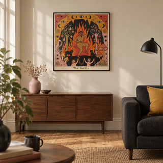 The Devil Tarot Card Art, framed on the wall of a characterful living room in a UK Victorian terrace with warm cream walls and stripped floorboards