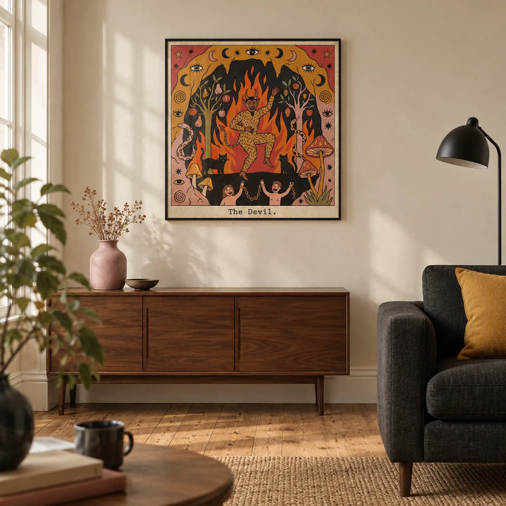 The Devil Tarot Card Art, framed on the wall of a characterful living room in a UK Victorian terrace with warm cream walls and stripped floorboards