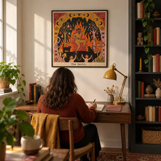 The Devil Tarot Card Art, framed on the wall of a compact study for a folklore enthusiast in a UK first home with a warm white wall and a built-in charcoal bookcase
