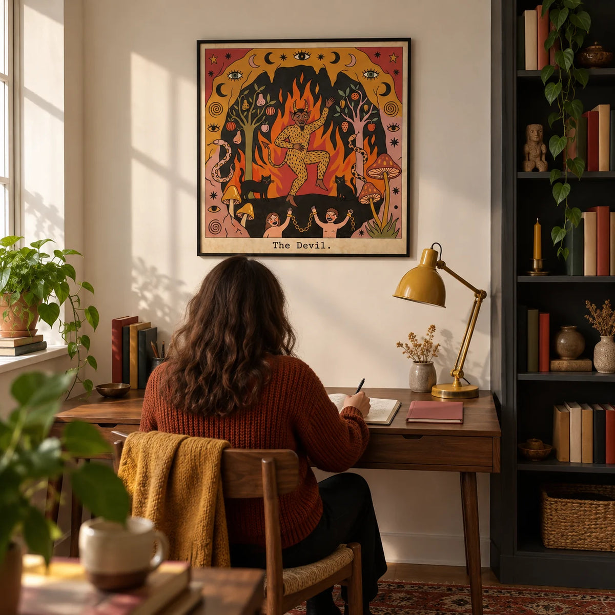 The Devil Tarot Card Art, framed on the wall of a compact study for a folklore enthusiast in a UK first home with a warm white wall and a built-in charcoal bookcase