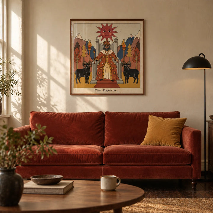 The Emperor Tarot Card Art, framed on the wall of a characterful living room in a Victorian terrace with warm cream plaster walls and dark timber floorboards