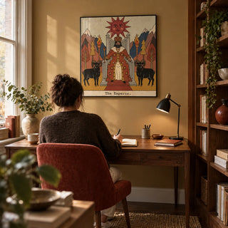The Emperor Tarot Card Art, framed on the wall of a compact home study in a UK flat with a muted ochre wall and a fitted timber bookcase along the adjacent wall