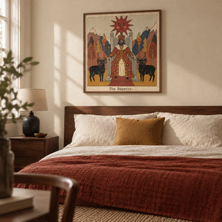 The Emperor Tarot Card Art, framed on the wall of a restful adult bedroom in a characterful UK flat with warm cream walls and dark wood furniture