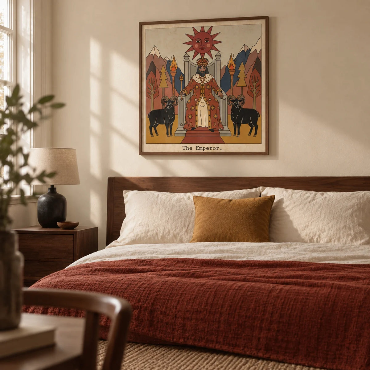 The Emperor Tarot Card Art, framed on the wall of a restful adult bedroom in a characterful UK flat with warm cream walls and dark wood furniture