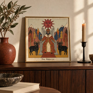 The Emperor Tarot Card Art, a small A4 framed print leaning on a dark walnut sideboard in a living room