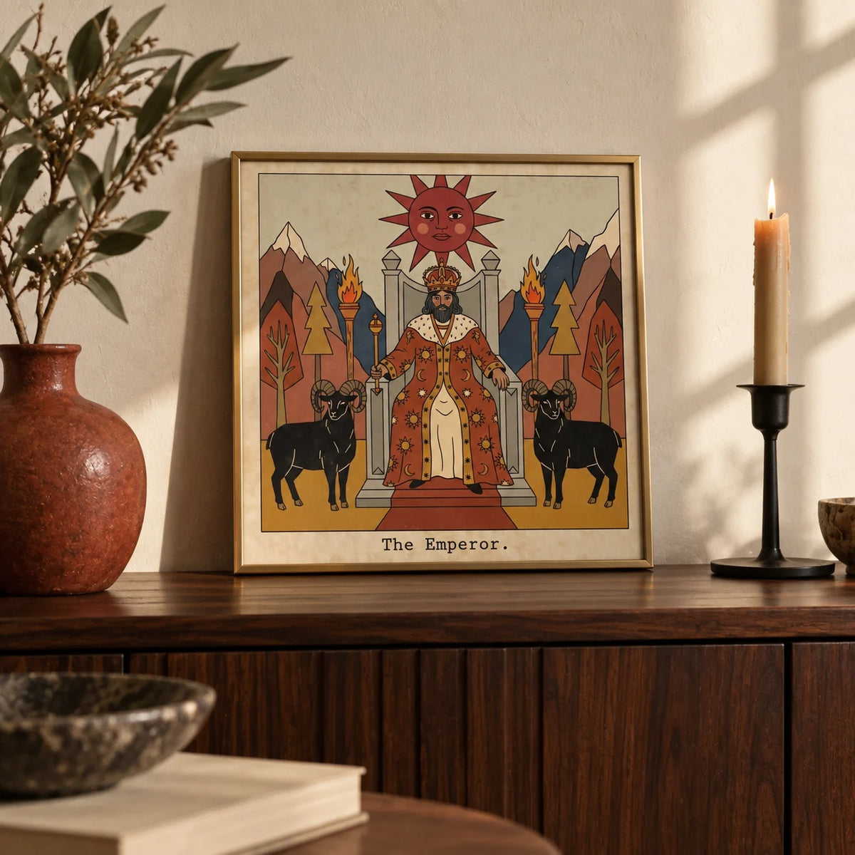 The Emperor Tarot Card Art, a small A4 framed print leaning on a dark walnut sideboard in a living room