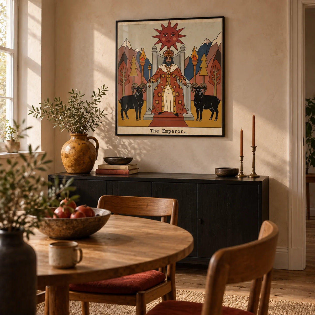 The Emperor Tarot Card Art, framed on the wall of a warm dining room in a modest UK townhouse with pale clay plaster walls and plain timber flooring