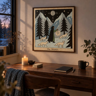 The Hermit Tarot Card Art, framed on the wall of a quiet study at dusk