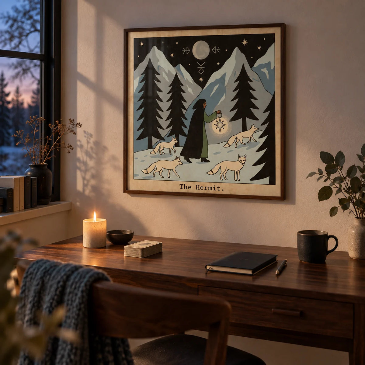 The Hermit Tarot Card Art, framed on the wall of a quiet study at dusk
