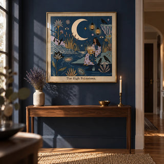 The High Priestess Tarot Card Art, framed on the wall of a hallway with midnight navy walls