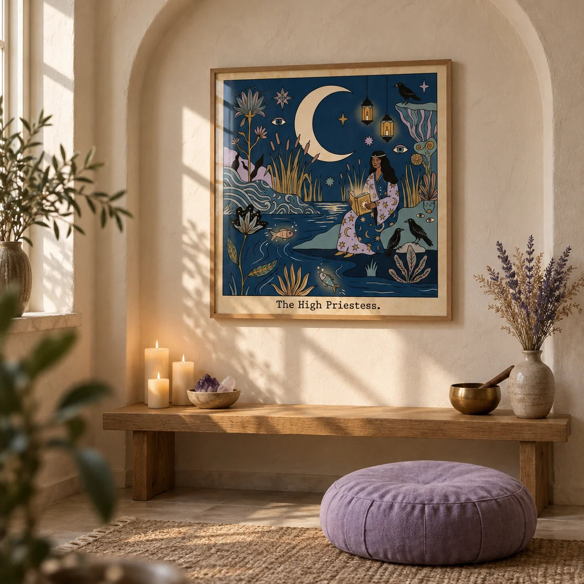 The High Priestess Tarot Card Art, framed on the wall of a meditation corner with an arched plaster niche