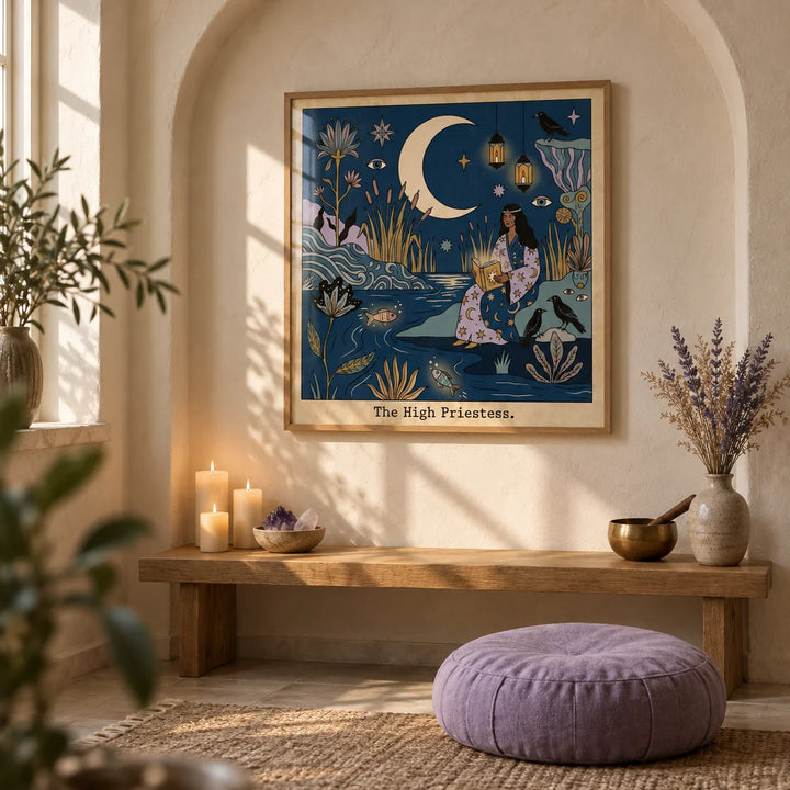 The High Priestess Tarot Card Art, framed on the wall of a meditation corner with an arched plaster niche