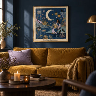 The High Priestess Tarot Card Art, framed on the wall of a moody living room with a deep navy wall