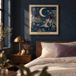 The High Priestess Tarot Card Art, framed on the wall of a moody mystical bedroom with a midnight navy limewashed wall