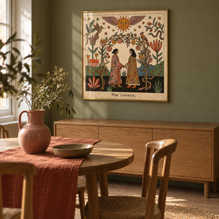 The Lovers Tarot Card Art, framed on the wall of a characterful dining nook in a UK flat with muted olive walls and a plain wooden floor
