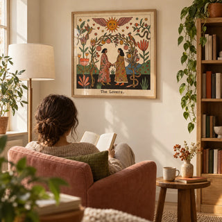 The Lovers Tarot Card Art, framed on the wall of a quiet reading corner in a UK first home for a couple in their late twenties in a living room