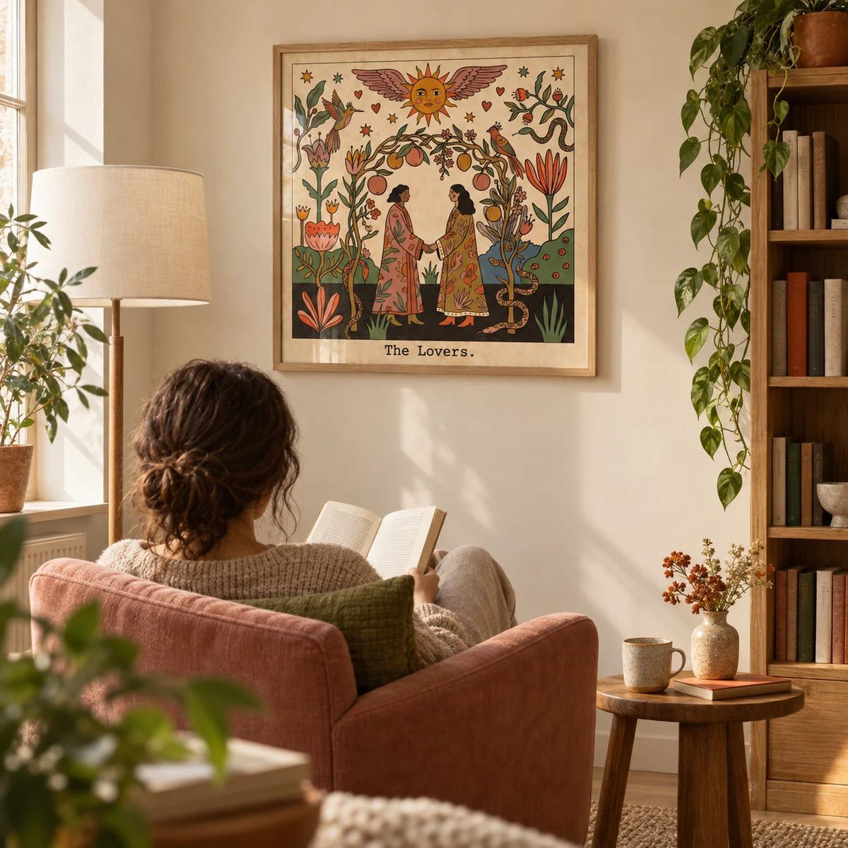 The Lovers Tarot Card Art, framed on the wall of a quiet reading corner in a UK first home for a couple in their late twenties in a living room