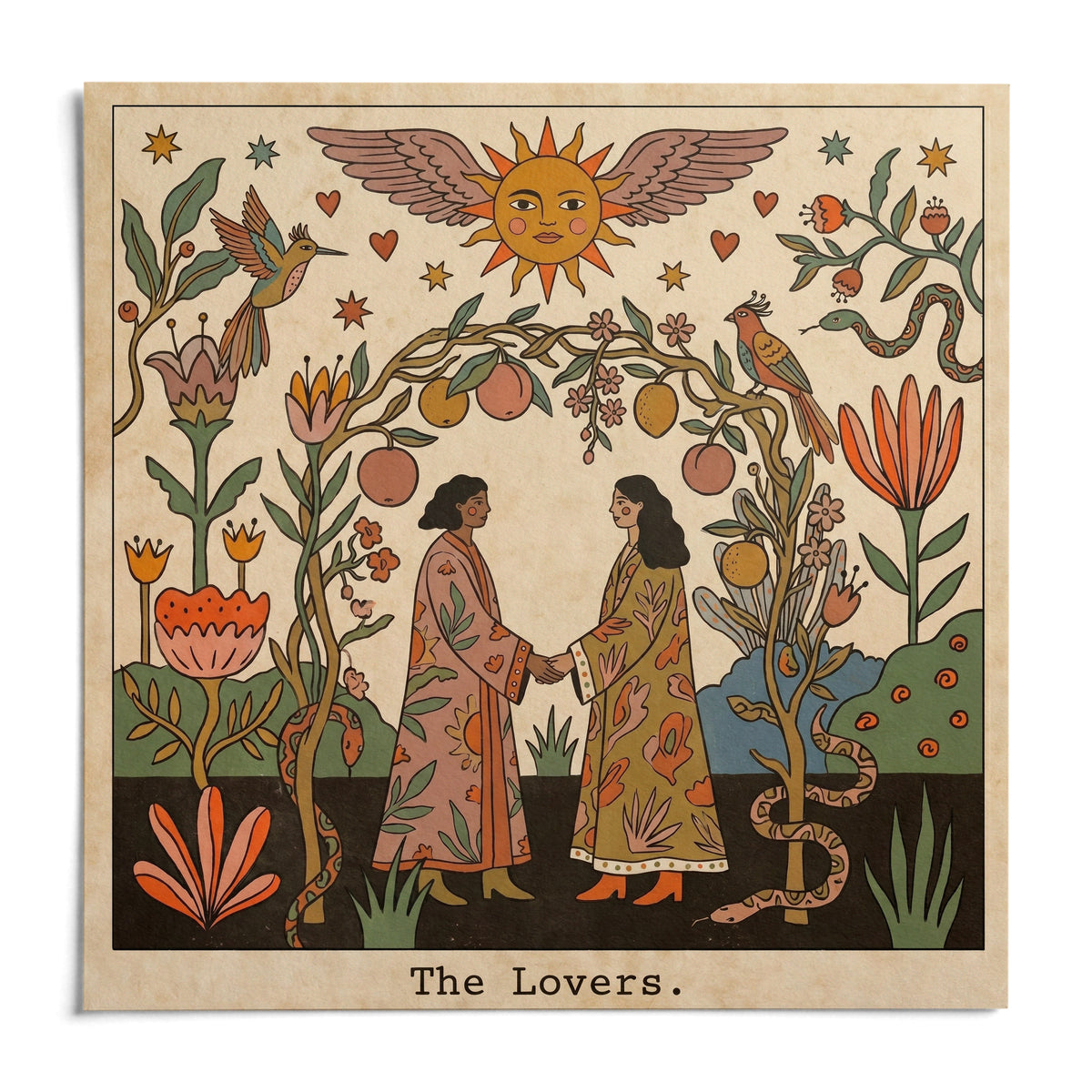 The Lovers Tarot Card Art, shown as an unframed paper print on a plain white background