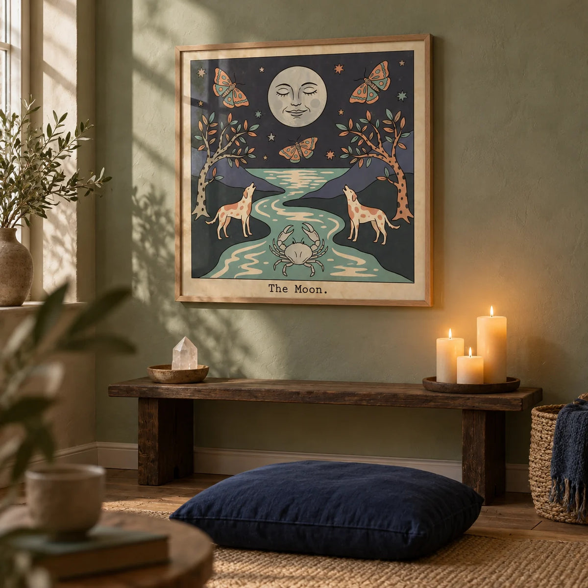 The Moon Tarot Card Art, framed on the wall of a candlelit meditation corner in a calm flat
