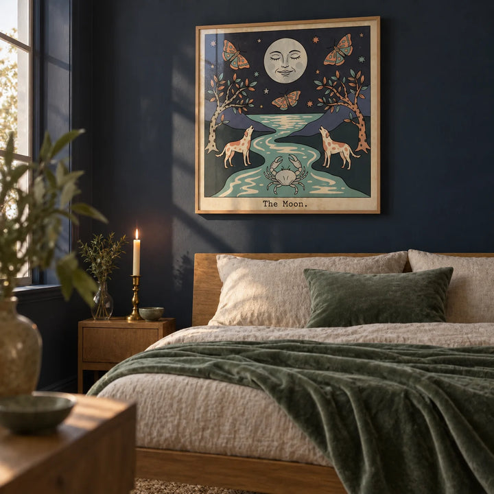 The Moon Tarot Card Art, framed on the wall of a cosy mystical bedroom with a deep navy painted wall