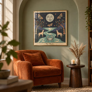 The Moon Tarot Card Art, framed on the wall of a reading alcove with a plain arched niche painted soft sage in a living room