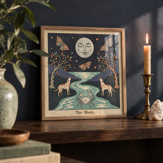 The Moon Tarot Card Art, a small A4 framed print leaning on a dark oak shelf in a living room