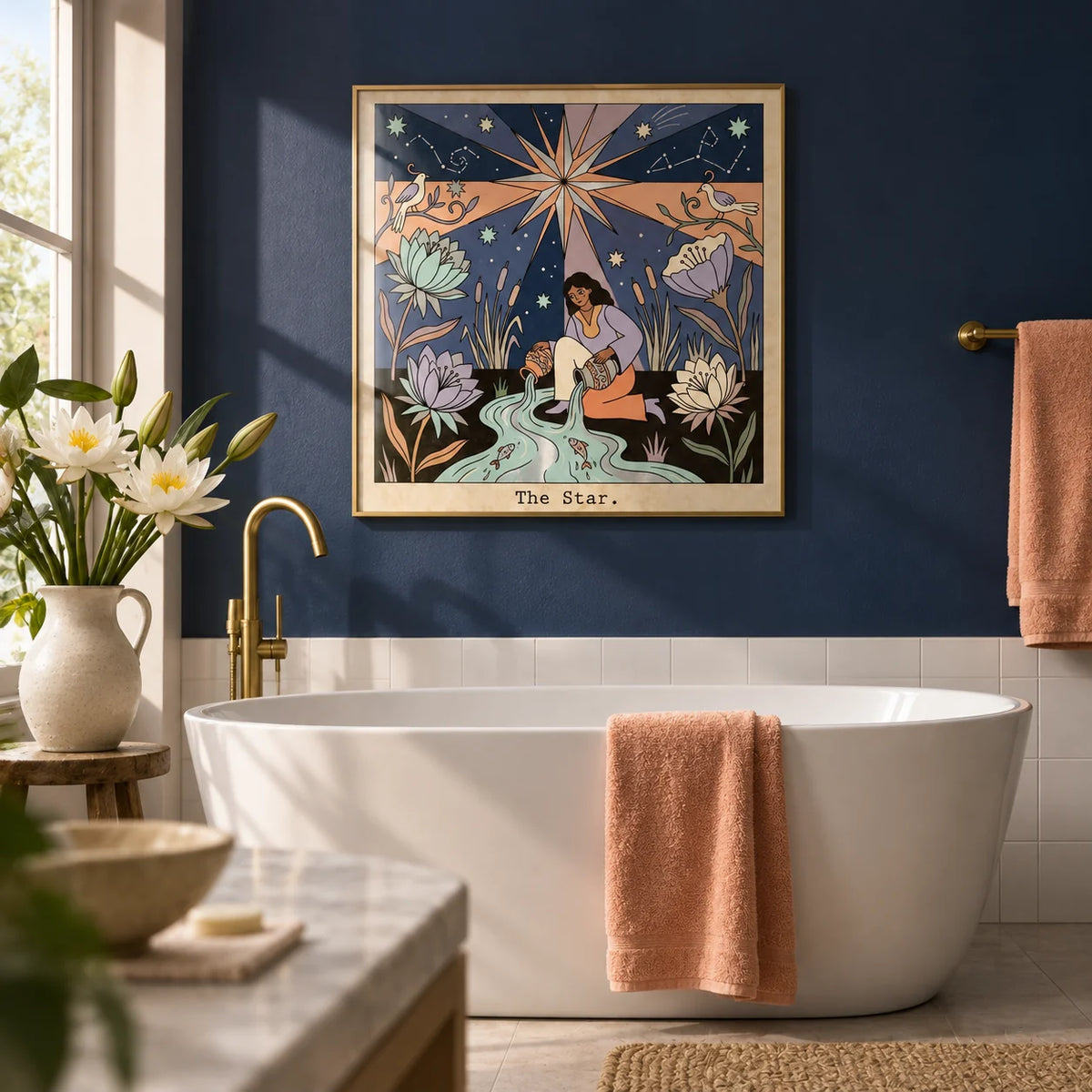 The Star Tarot Card Art, framed on the wall of a calm bathroom with a deep navy painted wall