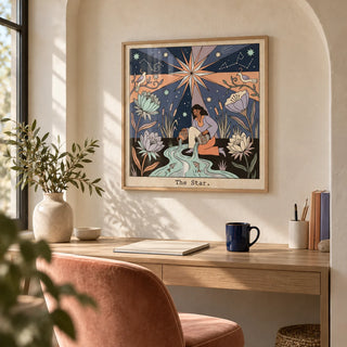 The Star Tarot Card Art, framed on the wall of a creative studio corner with a plain arched niche in a home office