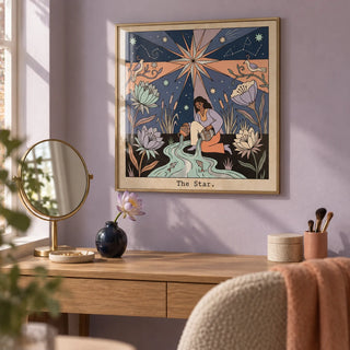 The Star Tarot Card Art, framed on the wall of a dressing alcove with a soft lavender painted wall