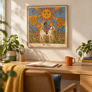The Sun Tarot Card Art, framed on the wall of a calm creative home office with a plain cream wall