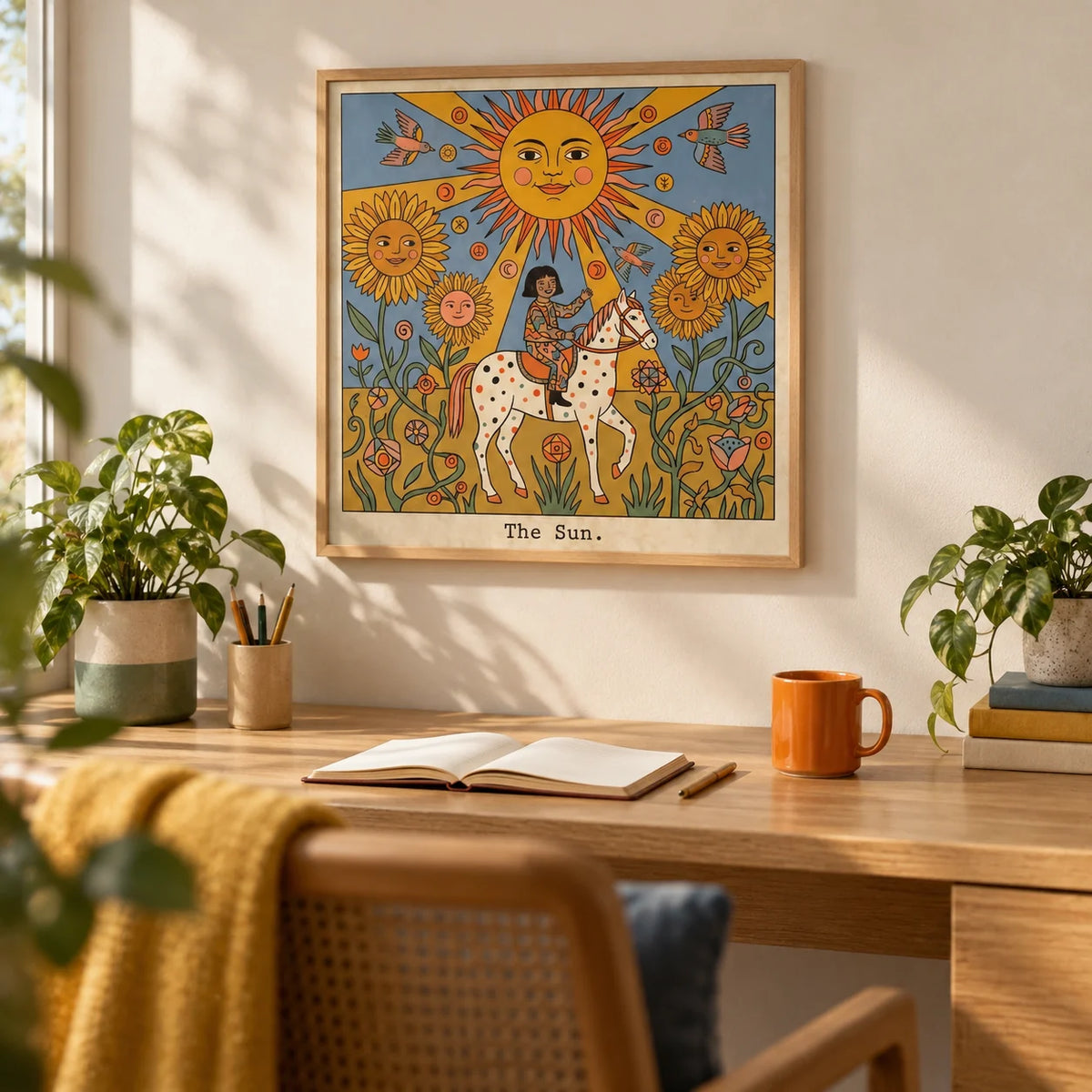 The Sun Tarot Card Art, framed on the wall of a calm creative home office with a plain cream wall