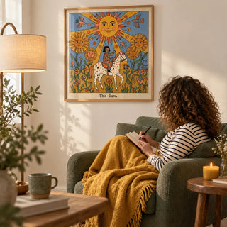 The Sun Tarot Card Art, framed on the wall of a cosy reading nook with a plain warm white wall in a living room