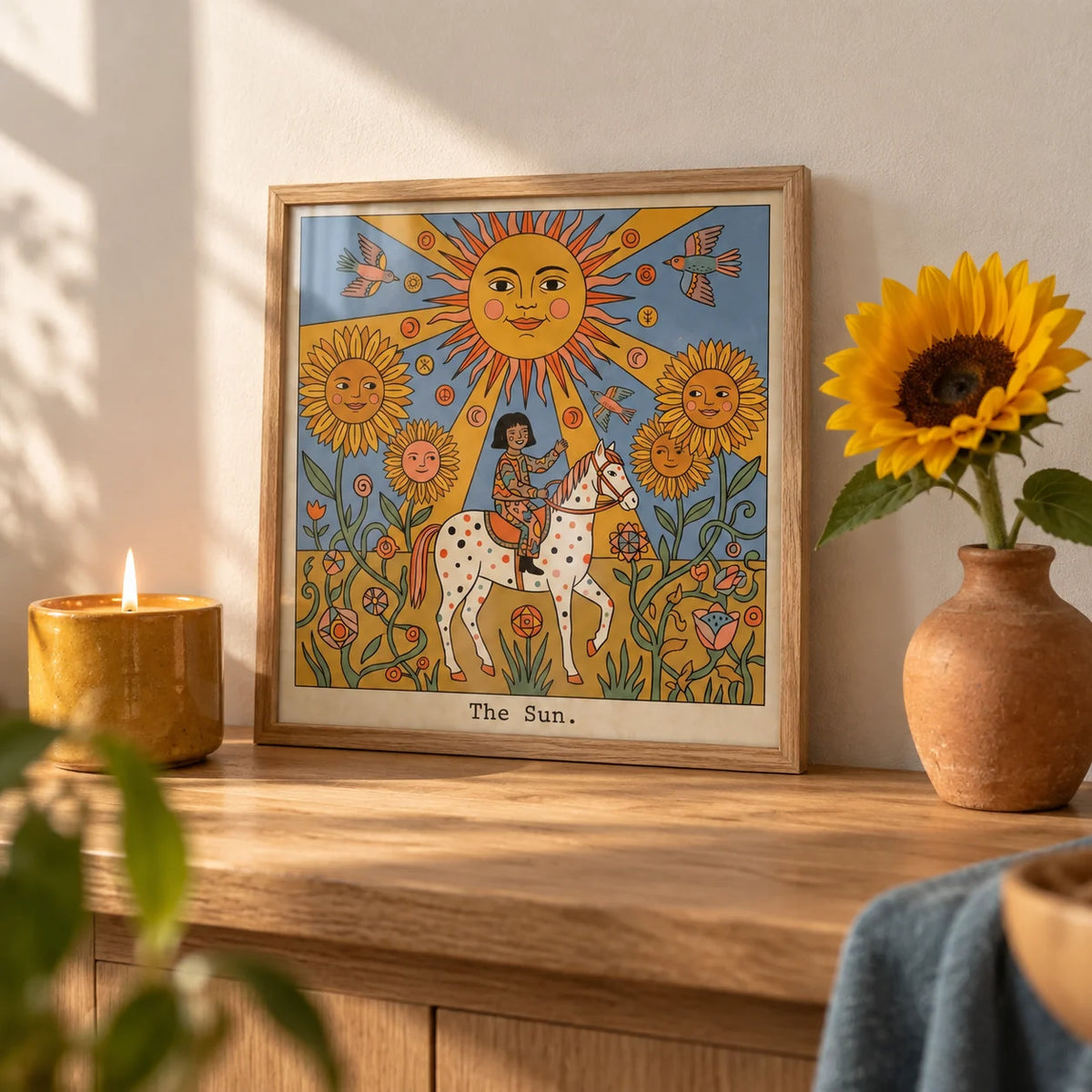 The Sun Tarot Card Art, a small A4 framed print leaning on an oak shelf in a living room